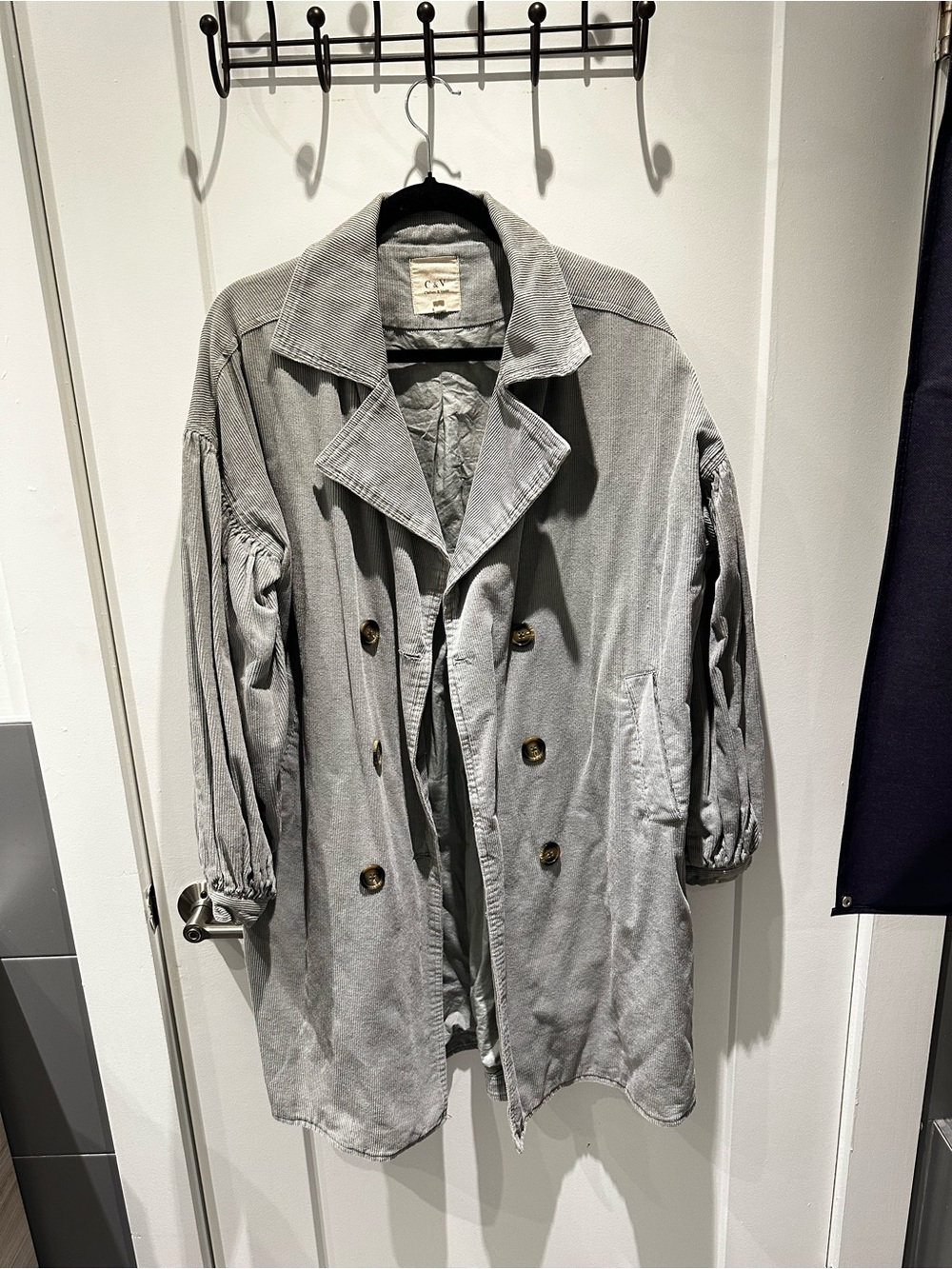 Chelsea & Violet Light Gray Double-Breasted Corduroy Trench